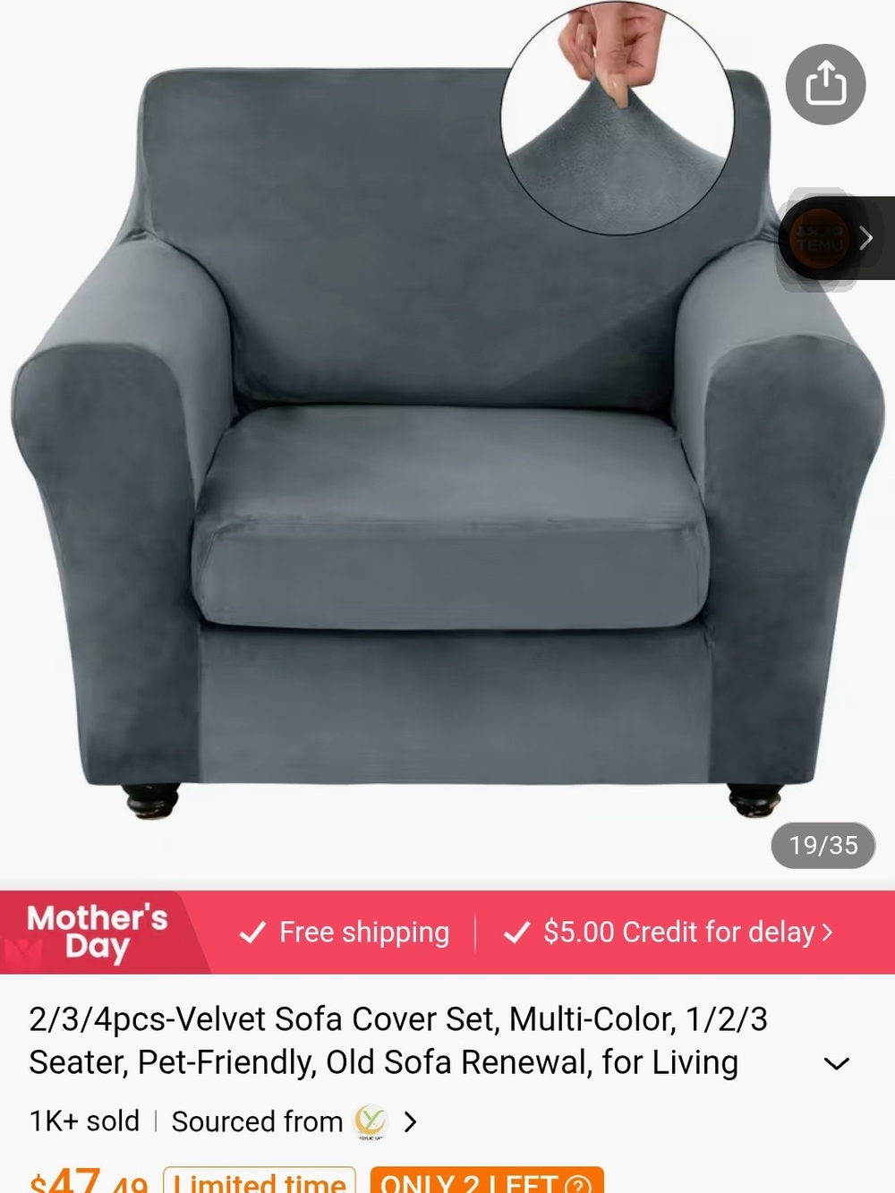 2 Sets Of Velvet Armchair Slipcovers - Both Slate Gray
